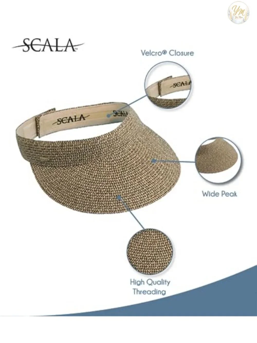 Womens Paper Braid Sun Visor Wide Brim Adjustable Velcro Hat Seaside